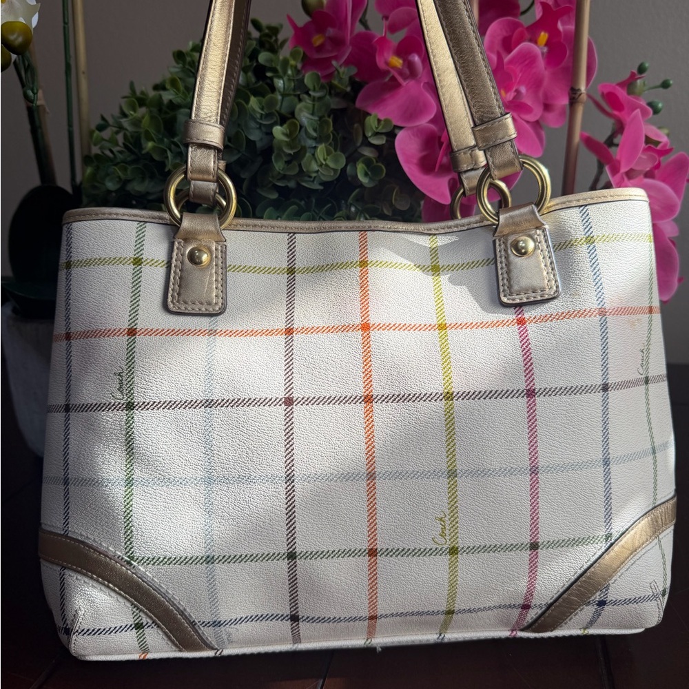 Coach Peyton Tattersall Plaid Satchel Tote Coated Canvas Ivory - Picture 2 of 16